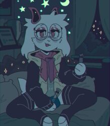  2021 3_toes anthro bed bedding bedroom black_clothing black_legwear black_thigh_highs bong bovid caprine celestial_star_polygon clothed clothing darkner deceased_bunny_(artist) deltarune detailed_background digital_drawing_(artwork) digital_media_(artwork) drugs eyelashes eyeshadow eyewear feet femboy flat_colors floppy_ears footwear fur furniture glasses goat handpaw hindpaw holding_lighter holding_object hoodie horn icon inside legwear lighter lol_comments looking_at_viewer lop_ears makeup male male_anthro mammal marijuana mario_smoking_weed night on_bed open_mouth open_smile paws pillow pink_eyes plantigrade ralsei ralsei_smoking_blunt round_glasses scarf scut_tail short_tail sitting sitting_on_bed sky smile socks solo sparkles star starry_sky tail thigh_highs toeless_footwear toeless_socks toes topwear tuft undertale_(series) water wearing_glasses white_body white_fur window 