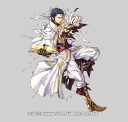  1boy alternate_costume arm_up armor armored_boots ascot belt black_hair book boots capelet closed_mouth company_name fire_emblem fire_emblem:_thracia_776 fire_emblem_heroes gloves grey_background holding holding_book long_sleeves magic male_focus medium_hair open_book reinhardt_(fire_emblem) reinhardt_(resplendent)_(fire_emblem) simple_background solo source_request takaya_tomohide torn_clothes 