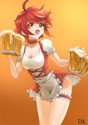  ahoge alcohol bare_legs beer beer_mug breasts choker cleavage clothes_lift collarbone cowboy_shot cross-laced_clothes cup deekei dirndl dress female fire_emblem fire_emblem_fates fire_emblem_heroes frilled_choker frilled_dress frills german_clothes gradient_background highres hinoka_(fire_emblem) leaning_forward looking_at_viewer medium_breasts mug oktoberfest open_mouth orange_eyes puffy_sleeves red_hair scoop_neck short_dress short_hair short_sleeves signature skirt skirt_lift solo thigh_strap thighs 