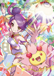  :d arms_up blush cherrim cherrim_(sunshine) closed_mouth commission commissioner_upload diamond_(shape) double_bun female gem hair_bun hair_ribbon highres non-web_source open_mouth poke_ball poke_ball_(basic) pokemon pokemon_(creature) pokemon_battle_revolution purple_hair purple_ribbon red_eyes red_gemstone ribbon sashay_(pokemon) signature skirt smile sparkle swept_bangs tom_(pixiv10026189) tongue white_footwear white_skirt wristband yellow_ribbon 