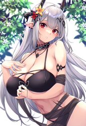  :o arknights arm_strap bikini black_bikini black_collar breasts cleavage collar cowboy_shot demon_horns earclip female flower grey_hair hair_ornament hand_on_own_chest highres horns huge_breasts infection_monitor_(arknights) jewelry leaf looking_at_viewer material_growth mudrock_(arknights) mudrock_(silent_night)_(arknights) nameko_houshi navel necklace official_alternate_costume oripathy_lesion_(arknights) pointy_ears red_eyes red_flower skindentation solo stomach swimsuit yellow_flower 