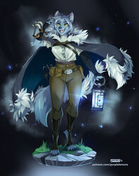  2021 adventurer anthro blue_body blue_fur canid canine canis cape clothed clothing digital_media_(artwork) digitigrade female fingerless_gloves fur gloves hair handwear hi_res holding_object lamp lantern maku_(maku450) mammal open_mouth purplelemons shaded smile solo standing text url wolf yellow_eyes 