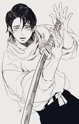  1boy bags_under_eyes fingernails high_collar holding holding_sword holding_weapon jacket jujutsu_kaisen katana korean_commentary kukig8765 long_sleeves looking_at_viewer male_focus monochrome okkotsu_yuuta open_mouth pants school_uniform short_hair solo sword weapon 