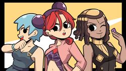  3girls :d ;) absurdres alternate_hair_color bare_shoulders blue_hair braid breasts brown_hair commentary crown_braid dark-skinned_female dark_skin double_bun dreadlocks english_commentary ermes_costello foo_fighters_(jojo) hair_bun highres jacket jojo_no_kimyou_na_bouken kermittend kujo_jolyne long_hair medium_breasts multiple_girls no_pupils one_eye_closed open_clothes open_jacket parody purple_hair red_hair scott_pilgrim_(series) short_hair smile stone_ocean upper_body 