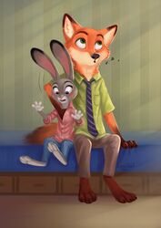  2016 anthro barefoot bed bedroom blush bottomwear breast_grab breasts buckteeth canid canine claws clothed clothing dipstick_ears disney duo ear_markings feet female fox fully_clothed fur furniture green_eyes grey_body grey_fur grope hand_on_breast hi_res inner_ear_fluff inside judy_hopps lagomorph larger_male leporid light light_beam lighting looking_away male mammal multicolored_ears musical_note necktie nick_wilde on_bed open_mouth orange_body orange_fur pants purple_eyes rabbit reallynxgirl red_fox shirt sitting size_difference smaller_female sunbeam sunlight teeth text toe_claws topwear true_fox tuft whistling zootopia 