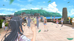  black_hair blonde_hair blue_eyes blunt_bangs blurry blurry_background blush brown_eyes building cardigan commentary_request crowd day enoshima ground_vehicle hairband highres holding_hands kazeno long_hair looking_at_another motor_vehicle multiple_boys multiple_girls open_mouth original outdoors pleated_skirt sailor_collar scenery school_uniform serafuku short_hair side_ponytail skirt sleeves_past_wrists smile sweater_vest tree waving wind 