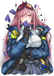  :d arm_under_breasts ascot belt black_gloves blue_jacket blush breasts buckle card checkered_ascot checkered_clothes collared_shirt commentary covering_own_mouth cropped_legs earrings eyewear_on_head female girls&#039;_frontline gloves hair_between_eyes hair_ornament hairclip heart heart_earrings highres holding holding_card jacket jewelry large_breasts long_hair looking_at_viewer marche_mk14 mole mole_under_eye oerba_yun_fang open_clothes open_jacket open_mouth orange_goggles pink_hair playing_card police police_uniform red_eyes safety_glasses shirt sidelocks sig_mcx_(girls&#039;_frontline) simple_background skirt smile snap-fit_buckle solo standing uniform utility_belt walkie-talkie white_background white_shirt 