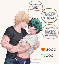  2boys athena_av bakugou_katsuki bishounen black_shirt blonde_hair boku_no_hero_academia clothes_lift commentary couple english_commentary english_text freckles green_hair hands_on_another&#039;s_back hands_on_another&#039;s_stomach highres holding looking_at_another male_focus meme midoriya_izuku midriff_peek multiple_boys open_mouth shirt shirt_lift short_hair simple_background smile speech_bubble spiked_hair teeth twitter_strip_game_(meme) white_shirt yaoi 