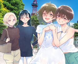  4girls bag bifidus black_hair black_shirt blonde_hair blue_eyes breasts brown_eyes brown_hair brown_shirt camisole commentary_request dress grin half-closed_eyes handbag haruno_kotori highres kawahara_ayu kita_e long_hair multiple_girls open_mouth outdoors photo_background sakyou_hayaka shirt short_hair shorts small_breasts smile tanya_lipinski tokyo_tower tree white_dress 