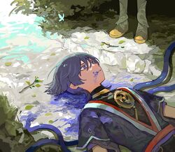  1boy bad_id bad_twitter_id blood boots branch bug butterfly female genshin_impact hair_between_eyes highres ink japanese_clothes leaf lower_body lumine_(genshin_impact) lying male_focus on_back on_floor outdoors parted_lips purple_blood purple_eyes purple_hair scaramouche_(genshin_impact) scaramouche_(shouki_no_kami)_(genshin_impact) shima_(vivi_do) short_hair solo_focus tube upper_body white_footwear 