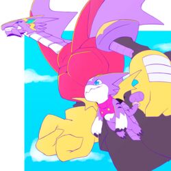  1:1 2019 ambiguous_gender anthro arresterdramon bandai_namco blue_eyes clawed_fingers claws clothing digimon digimon_(species) digital_media_(artwork) dragon duo evolutionary_family gloves gumdramon handwear mythological_creature mythological_scalie mythology pg_enaena purple_body purple_skin scalie simple_background sky tail toe_claws wings 