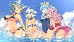  4girls ;d ahoge animal_ears ass bare_shoulders bikini black_bikini blue_eyes blue_hair blue_sky breasts casual_one-piece_swimsuit cleavage cloud collar covered_navel day frilled_bikini frills green_eyes green_hair green_tail hair_ribbon highres holding_hands horns kuromiya kuromiya_raika_(kuromiya) kuzakura_mika_(kuromiya) large_breasts long_hair looking_at_another medium_breasts multicolored_hair multiple_girls navel oerba_yun_fang one-piece_swimsuit one_eye_closed open_mouth original partially_submerged pink_bikini pink_hair purple_eyes ribbon sheep_horns shiromiya_asuka_(kuromiya) short_hair side-tie_bikini_bottom sky smile souma_ren_(kuromiya) stomach swimsuit tail two-tone_hair water white_bikini white_hair yellow_ribbon 