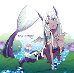  armlet blue_eyes bracer breasts chimaki_(impressiveanarchy) dark-skinned_female dark_skin dated female fins flower full_body hand_on_own_chest horns jewelry long_hair looking_at_viewer lotus mermaid mesarthim mini_wings monster_girl necklace open_mouth purple_horns purple_scales saga saga_frontier solo tears water white_hair white_nails wings 