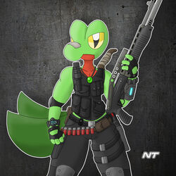  1:1 anthro bandage bandage_on_face bandage_on_nose biped bottomwear bulletproof_vest cargo_pants clock clothed clothing countershading digital_media_(artwork) elbow_pads fern_shinamori fingerless_gloves front_view fully_clothed generation_3_pokemon gloves green_body gun handgun handwear hi_res holding_gun holding_object holding_ranged_weapon holding_weapon holster holstered_pistol jewelry knee_pads knife knife_sheath male necklace ninjatreecko nintendo outline pants pokemon pokemon_(species) pokemorph portrait pouches pump_action pump_action_shotgun pupils ranged_weapon reptile scalie semi-automatic semiautomatic_shotgun shell_(projectile) shotgun shotgun_shell slit_pupils solo spas-12 standing thigh_holster three-quarter_portrait topwear treecko vest watch weapon weapon_on_back white_outline yellow_eyes 