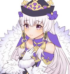  aikourin bare_shoulders black_hat collar cropped dress female fire_emblem fire_emblem:_three_houses fire_emblem_heroes fur_trim gloves hair_ornament hat long_hair looking_at_viewer lysithea_von_ordelia lysithea_von_ordelia_(a_new_future) official_alternate_costume parted_lips pink_eyes protected_link purple_collar purple_dress simple_background smile solo upper_body white_background white_gloves white_hair 