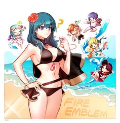  2boys 4girls ? beach bikini black_bikini blonde_hair blue_eyes blue_hair breasts brown_hair byleth_(female)_(fire_emblem) byleth_(female)_(summer)_(fire_emblem) byleth_(fire_emblem) chibi closed_eyes closed_mouth copyright_name dorothea_arnault dorothea_arnault_(summer) fire_emblem fire_emblem:_three_houses fire_emblem_heroes fish flower green_eyes green_hair hair_flower hair_ornament hat hat_flower highres ingrid_brandl_galatea ingrid_brandl_galatea_(summer) long_hair lorenz_hellman_gloucester lorenz_hellman_gloucester_(summer) male_swimwear multiple_boys multiple_girls official_alternate_costume one_eye_closed open_mouth outdoors polearm purple_eyes purple_hair red_hair rhea_(fire_emblem) rhea_(summer)_(fire_emblem) short_hair silvercandy_gum sitting swim_briefs swim_trunks swimsuit sylvain_jose_gautier sylvain_jose_gautier_(summer) water weapon whistle 