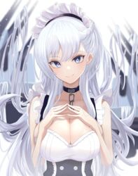  absurdres azur_lane bad_id bad_pixiv_id bare_shoulders belfast_(azur_lane) braid breasts chains choker cleavage closed_mouth commentary daily_(daily178900) female french_braid grey_hair highres large_breasts long_hair looking_at_viewer maid maid_headdress sleeveless smile solo underbust 