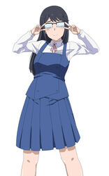  black_hair double_v female glasses houkago_teibou_nisshi long_hair oono_makoto opaque_glasses school_uniform simple_background solo v v_over_eye yoshida_keiji 