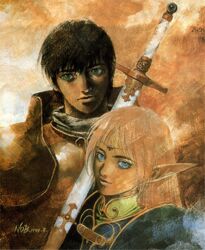  1990s_(style) 1boy black_hair blue_eyes deedlit elf female green_eyes highres long_hair official_art parn_(lodoss) pointy_ears record_of_lodoss_war retro_artstyle short_hair smile source_request sword weapon yuuki_nobuteru 