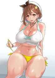  arm_support atelier_(series) atelier_ryza atelier_ryza_2 bad_id bad_twitter_id bare_shoulders bikini bikini_pull blush braid breasts brown_eyes brown_hair cleavage clothes_pull covered_nipples earrings female hair_ornament hairclip hat highres jewelry kemigawa_mondo large_breasts looking_at_viewer navel necklace open_mouth reisalin_stout side-tie_bikini_bottom sitting smile solo sweat swimsuit tan tanlines thick_thighs thighs untying yellow_bikini 