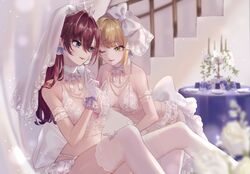  2girls blonde_hair blue_eyes flowers gloves green_eyes headdress ichinose_shiki idolmaster idolmaster_cinderella_girls long_hair magako miyamoto_frederica navel red_hair short_hair shoujo_ai thighhighs tiara waifu2x wedding wedding_attire wink 