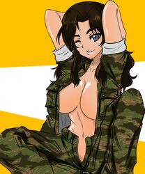  ;) absurdres arms_behind_back arms_up blue_eyes breasts butterfly_sitting camouflage camouflage_jacket camouflage_pants closed_mouth dark-skinned_female dark_skin el_(girls_und_panzer) female girls_und_panzer green_jacket green_pants hair_intakes highres jacket knee_up large_breasts lips long_hair looking_at_viewer moesenyukikaze navel no_bra no_panties no_shirt one_eye_closed open_clothes open_fly open_jacket pants sitting sleeves_rolled_up smile solo 