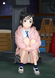  absurdres black_hair blue_necktie blue_socks blush female gaei_(pixiv_2073741) grey_eyes highres jacket kimi_wa_houkago_insomnia looking_at_viewer magari_isaki necktie observatory panties pink_jacket pleated_skirt school_uniform shirt shoes skirt smile socks striped_necktie underwear uniform upskirt white_footwear white_panties white_shirt 