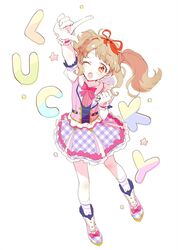  ;o aikatsu!_(series) aikatsu_on_parade! arm_up blush boots brown_eyes catchphrase commentary female from_above full_body gloves hair_ribbon highres idol_clothes kiseki_raki light_brown_hair one_eye_closed open_mouth pointing pointing_up popoin puffy_short_sleeves puffy_sleeves ribbon short_sleeves sidelocks simple_background skirt socks solo star_(symbol) twintails white_background 