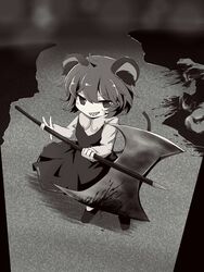  ahoge animal_ears axe battle_axe blood blood_on_axe commentary_request cookie_(touhou) dress female full_body greyscale grin holding holding_axe long_sleeves looking_at_viewer monochrome mouse_ears mouse_girl mouse_tail nazrin nyon_(cookie) sharp_teeth shoes short_hair smile solo sparseseethe tail teeth touhou weapon 