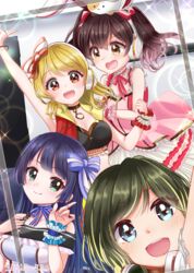  4girls aimoto_rinku akashi_maho animal_ear_headphones animal_ears arm_up armpits artist_name bare_shoulders black_hair black_shirt blonde_hair blouse blue_bow blue_eyes blue_hair blue_shirt blurry blush bokeh bow braid brown_eyes brown_hair choker closed_mouth collared_jacket commentary_request crop_top crown_braid d4dj depth_of_field door dress fake_animal_ears frilled_cuffs frilled_shirt frilled_straps frills gold_choker gold_trim green_eyes hairbow happy headphones headphones_around_neck highres hime_cut index_finger_raised indoors jacket kurumi_nari lens_flare looking_at_another looking_at_viewer midriff multicolored_hair multicolored_shirt multiple_girls multiple_hair_bows neck_ribbon nyochio_(d4dj) off_shoulder ohnaruto_muni on_head orange_eyes pink_dress pink_ribbon pointing pointing_up pose rabbit_ear_headphones rabbit_ears red_bow red_jacket ribbon ribbon_choker round_teeth selfie shirt short_hair sleeveless sleeveless_jacket spaghetti_strap sparkle star_(symbol) stomach straight_hair streaked_hair striped striped_bow studio stuffed_animal stuffed_cat stuffed_toy teeth togetsu_rei twintails twitter_username upper_body upper_teeth_only v-shaped_eyebrows white_shirt white_stripes wrist_cuffs 