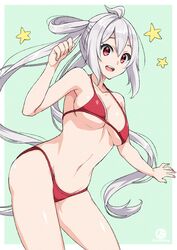  :d ahoge aqua_background bad_id bad_pixiv_id bare_arms bare_shoulders bikini blush border breasts collarbone contrapposto female grey_hair hair_rings hand_up long_hair looking_at_viewer matoi_(pso2) medium_breasts navel nyanmaru_(ememing) open_mouth outside_border phantasy_star phantasy_star_online_2 red_bikini red_eyes round_teeth sidelocks simple_background smile solo star_(symbol) stomach swimsuit teeth thighs twintails twitter_username underboob upper_teeth_only very_long_hair white_border 