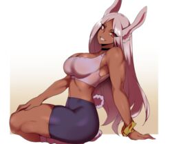  :d animal_ears bike_shorts black_choker black_shorts boku_no_hero_academia border breasts choker cleavage crop_top dark-skinned_female dark_skin feet_out_of_frame female from_side hand_on_own_thigh hevn large_breasts long_eyelashes long_hair looking_at_viewer midriff mirko nail_polish parted_bangs rabbit_ears rabbit_girl rabbit_tail red_eyes red_nails scrunchie shorts skindentation smile socks solo sports_bra squatting tail tail_through_clothes teeth thick_thighs thighs toned white_border white_hair white_socks white_sports_bra wrist_scrunchie yellow_scrunchie 