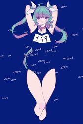  ahoge aqua_hair arms_up blending blue_background blue_one-piece_swimsuit female fish gradient_hair hair_ribbon highres i-19_(kancolle) kantai_collection long_hair multicolored_hair name_tag one-piece_swimsuit pink_eyes pink_hair ribbon school_swimsuit sidelocks simple_background smile solo sukekiyo_(skky_0) swimsuit tri_tails 