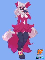  absurd_res anklet annie_and_the_mirror_goat anthro big_ears blush bracelet canid canine choker female fox freya_vix fur fur_scarf grey_body grey_fur hair hi_res jewelry leg_markings long_fur long_hair mammal markings maroon_fur navel necklace red_eyes royal_vixult socks_(marking) solo touching_face tuningfork vixult white_body white_fur wildmons_(catcouch) 