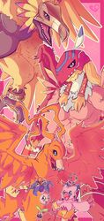  ambiguous_gender anthro armor avian bandai_namco beak bird birdramon biyomon digimon digimon_(species) evolutionary_family feathers feral flying garudamon goobiswoobis group headgear helmet hi_res hououmon muscular pecs pink_body pink_feathers wings yellow_body yellow_feathers 