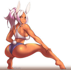  animal_ears ass bare_legs blue_panties boku_no_hero_academia breasts dark-skinned_female dark_skin female from_behind hand_on_own_leg hevn large_breasts long_eyelashes looking_at_viewer looking_back mirko panties parted_bangs ponytail rabbit_ears rabbit_girl rabbit_tail red_eyes shiny_skin sideboob smile solo sports_bra tail tail_through_clothes thick_thighs thighs toned twitter_username underwear wedgie white_background white_hair white_sports_bra 