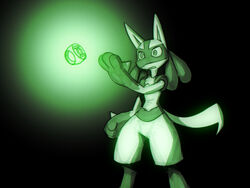  ambiguous_gender anthro bigdad canid canine crossover generation_4_pokemon glowing green_lantern_(series) green_light green_lighting lucario mammal nintendo pokemon pokemon_(species) reaching_for_object ring simple_background solo 