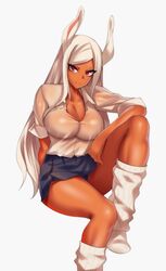  animal_ears blue_skirt boku_no_hero_academia breasts cleavage dark-skinned_female dark_skin female hand_on_own_leg hevn highres knee_up large_breasts long_hair looking_at_viewer loose_socks mirko parted_bangs pleated_skirt rabbit_ears rabbit_girl red_eyes see-through see-through_shirt shiny_skin shirt sitting skirt smile socks solo thighs wet wet_clothes wet_shirt white_background white_hair white_shirt white_socks 