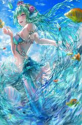  angelfish aqua_theme arm_cuffs asano_(kazusasn) bikini bikini_top_only breasts crown female finana_ryugu fins fish flower green_bikini green_hair guppy_(fish) hair_flower hair_ornament head_fins highres long_hair looking_to_the_side mermaid monster_girl monsterification navel nijisanji nijisanji_en ocean purple_eyes purple_flower seashell shell small_breasts smile solo starfish swimsuit tropical_fish virtual_youtuber 