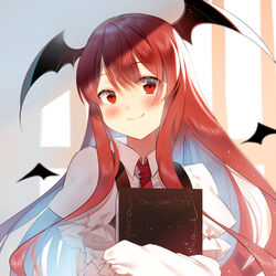  blush book chinese_commentary closed_mouth collared_shirt commentary demon_girl detached_wings female frilled_sleeves frills head_wings highres holding holding_book jiji_(381134808) koakuma long_sleeves looking_at_viewer multicolored_hair necktie puffy_long_sleeves puffy_sleeves red_eyes red_hair red_necktie shirt sidelocks sleeves_past_fingers sleeves_past_wrists smile solo touhou two-tone_hair upper_body wing_collar wings 