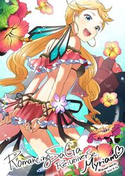  blonde_hair blue_eyes breasts chimaki_(impressiveanarchy) commentary_request dated earrings female flower highres jewelry long_hair looking_at_viewer myriam_(saga) nail_polish open_mouth romancing_saga_minstrel_song saga smile solo swimsuit twintails 