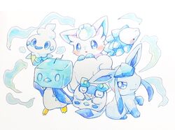  2020 alolan_form alolan_vulpix ambiguous_gender arthropod avian bird blue_body blue_eyes blue_fur blue_theme blush canid canine closed_eyes daww eeveelution eiscue elemental_creature feral fur galarian_darumaka galarian_form generation_4_pokemon generation_5_pokemon generation_7_pokemon generation_8_pokemon glaceon group ice ice_creature ice_face_eiscue mammal maple926 mineral_fauna nintendo painting_(artwork) pokemon pokemon_(species) quadruped regional_form_(pokemon) sitting smile snom standing traditional_media_(artwork) vanillite watercolor_(artwork) white_body white_fur 