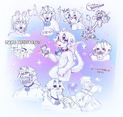  absurd_res ambiguous_gender ambiguous_species anthro bell chad_(meme) chest_tuft chinese_text collar fur gigachad group hi_res kblankii longte33_(character) meme no_bitches? pawpads soyjak tail text tuft white_body white_ears white_fur white_tail 