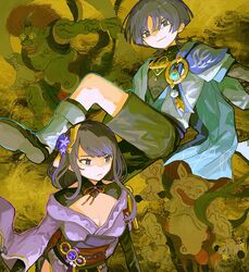  1boy bad_id bad_twitter_id black_hair breasts cleavage closed_mouth commentary female genshin_impact hair_ornament highres japanese_clothes kimono long_hair medium_breasts mole mole_under_eye multicolored_hair purple_eyes purple_hair raiden_shogun scaramouche_(genshin_impact) shima_(vivi_do) symbol-only_commentary vision_(genshin_impact) wanderer_(genshin_impact) wide_sleeves 