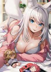  animal_ear_fluff animal_ears blue_eyes blurry blurry_background blush bra breast_hold breasts character_doll cleavage closed_mouth female fox_ears fox_girl fox_tail grey_bra grey_panties highres illian-san indoors large_breasts long_hair long_sleeves looking_at_viewer meridian_project mizuki_(vtuber) nintendo_switch on_bed original panties pink_shirt shirt solo tail tongue tongue_out underwear virtual_youtuber white_hair 