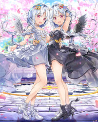  2girls :d armpits bare_shoulders black_dress black_footwear black_legwear black_wings blue_flower blurry blurry_background character_request commentary_request depth_of_field dress feathered_wings flower fujima_takuya hair_between_eyes hair_flower hair_ornament hand_on_another&#039;s_waist high_heels multiple_girls parted_bangs petals pink_flower red_eyes scrunchie smile socks standing strapless strapless_dress tree weiss_schwarz white_dress white_footwear white_hair white_legwear white_scrunchie white_wings wings wrist_scrunchie 