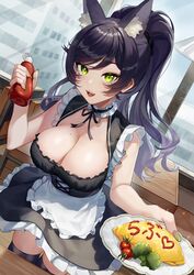  alternate_costume animal_ear_fluff animal_ears apron black_dress black_hair black_ribbon black_thighhighs breasts broccoli chair cleavage corset dress dutch_angle enmaided fangs female food food_writing fox_ears framed_breasts green_eyes highres holding holding_plate illian-san indoors ketchup_bottle large_breasts long_hair looking_at_viewer maid meridian_project neck_ribbon omelet omurice open_mouth plate ponytail reaching reaching_towards_viewer ribbon seki_(vtuber) sleeveless sleeveless_dress smile solo sparkle standing swept_bangs table thighhighs tomato tsurime virtual_youtuber waist_apron window zettai_ryouiki 