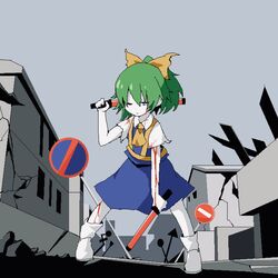  ascot blood blood_on_arm blood_on_face blue_eyes boots bow building closed_mouth colored_skin cookie_(touhou) daiyousei diyusi_(cookie) dual_wielding female full_body green_hair hairbow high-visibility_vest highres holding looking_at_viewer medium_hair no_entry_sign no_parking_sign one_eye_closed pixel_art ponytail road_sign ruins shirt short_sleeves sign solo sparseseethe touhou traffic_baton unusually_open_eyes white_footwear white_shirt white_skin yellow_ascot yellow_bow 