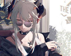  absurdres arknights aviator_sunglasses black_choker black_jacket black_shirt booth_seating breasts choker chromatic_aberration cigarette cleavage collarbone commentary demon_horns dragon_horns earrings english_commentary eyeshadow female film_grain highres holding holding_cigarette horns igawa_hikaru indoors jacket jewelry long_hair looking_over_eyewear looking_to_the_side makeup medium_breasts multiple_earrings off_shoulder orange_eyes orange_eyeshadow parted_lips plant saria_(arknights) shirt sidelocks smoke smoking solo spaghetti_strap stud_earrings studded_choker sunglasses upper_body white_hair window 