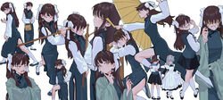  2girls adjusting_eyewear animal_ears apron aqua_coat bag black_dress black_footwear black_skirt blue_dress blue_footwear blue_shirt bracelet brown_hair cat_ears china_dress chinese_clothes choppy_bangs closed_mouth coat collage dress earrings eyeball_bracelet eyeball_bracelet_girl_(fkey) fanged_bangs feiqizi_(fkey) fkey frilled_apron frills glasses grey_hair hair_ribbon handbag hands_in_opposite_sleeves highres holding holding_sword holding_weapon hugging_object jewelry jian_(weapon) long_hair looking_at_viewer maid maid_apron martial_arts mole mole_under_eye multiple_girls multiple_views oil-paper_umbrella original pantyhose pillow pillow_hug pink_eyes ribbon shirt sidelocks skirt socks standing sword talisman twintails umbrella unamused wavy_mouth weapon white_pantyhose white_ribbon white_socks yellow_eyes yin_yang 